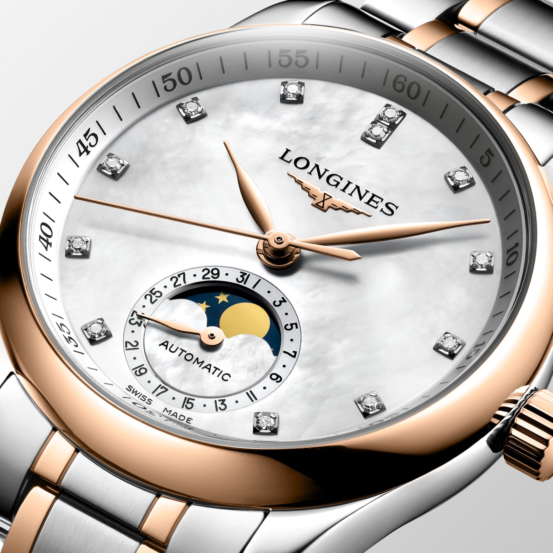 Dial View of Longines Master Collection Mother of Pearl Moon Phase 34mm