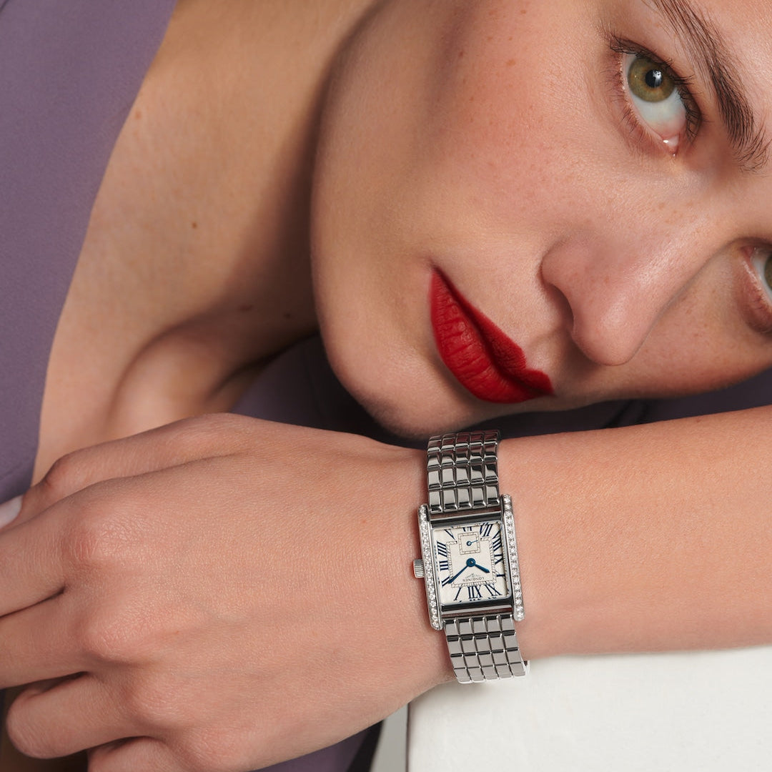 Longines Elegance Mini Dolcevita Silver "Flinqué" with Diamonds 21x29mm L52000716 model wrist shot 2