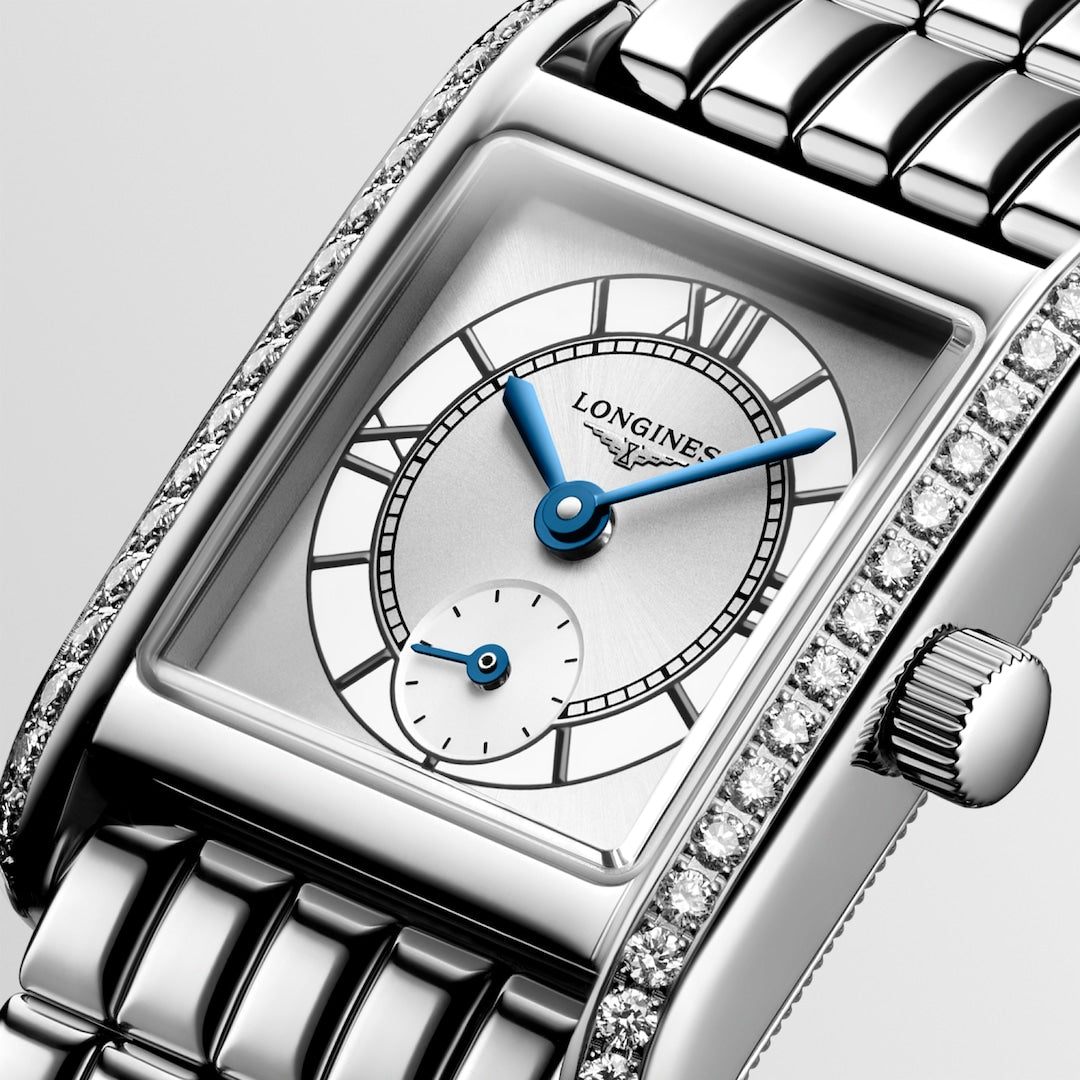 Longines Mini DolceVita Sunray Silver with Diamonds 21x29mm L52000756 dial closeup