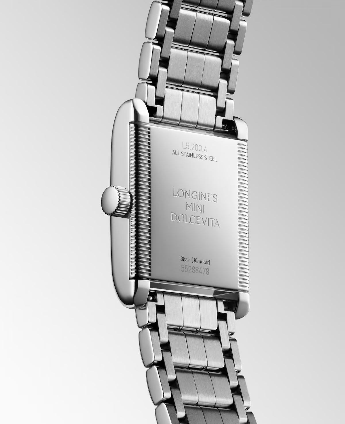 Back view of Longines Mini Dolcevita Diamond Pave Steel Quartz L52004876