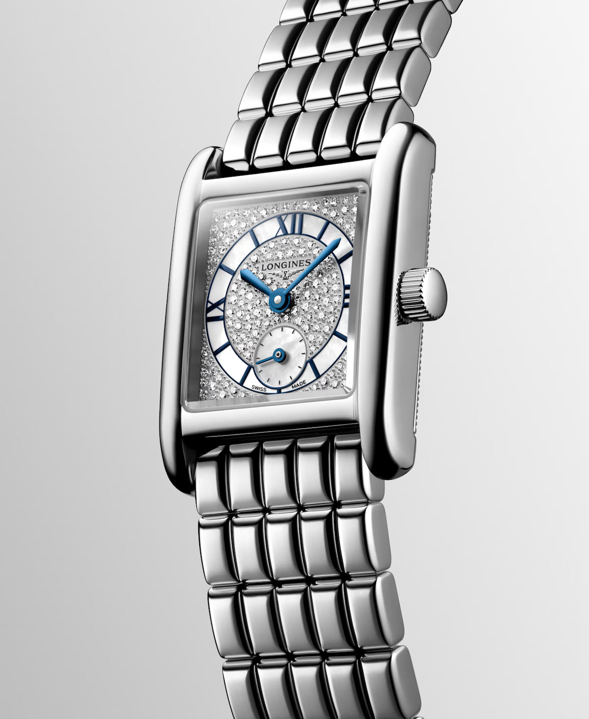 Side view of Longines Mini Dolcevita Diamond Pave Steel Quartz L52004876