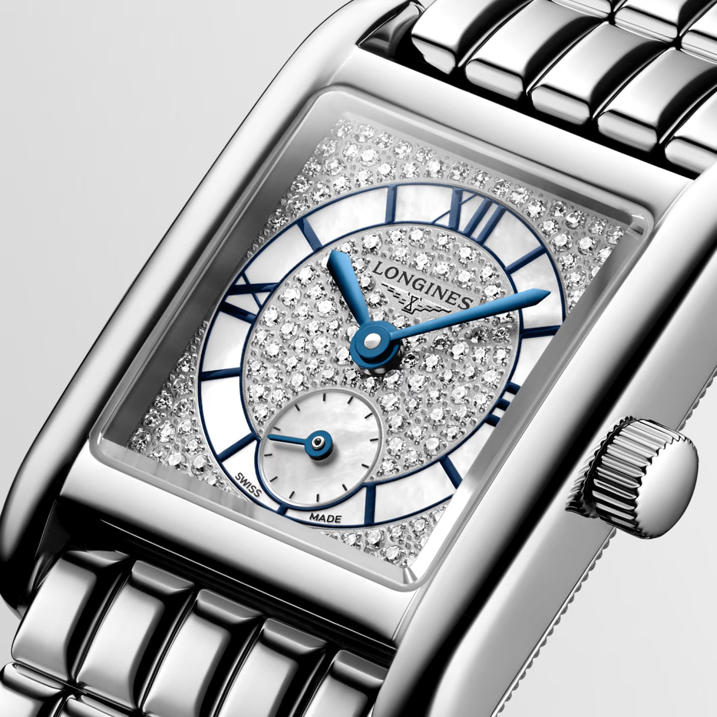 Close view of Longines Mini Dolcevita Diamond Pave Steel Quartz L52004876