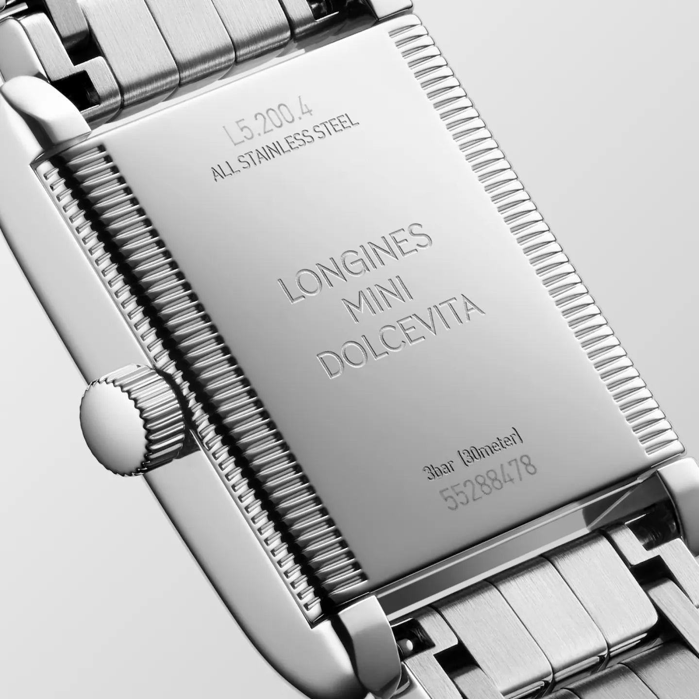 Back close view of Longines Mini Dolcevita Diamond Pave Steel Quartz L52004876