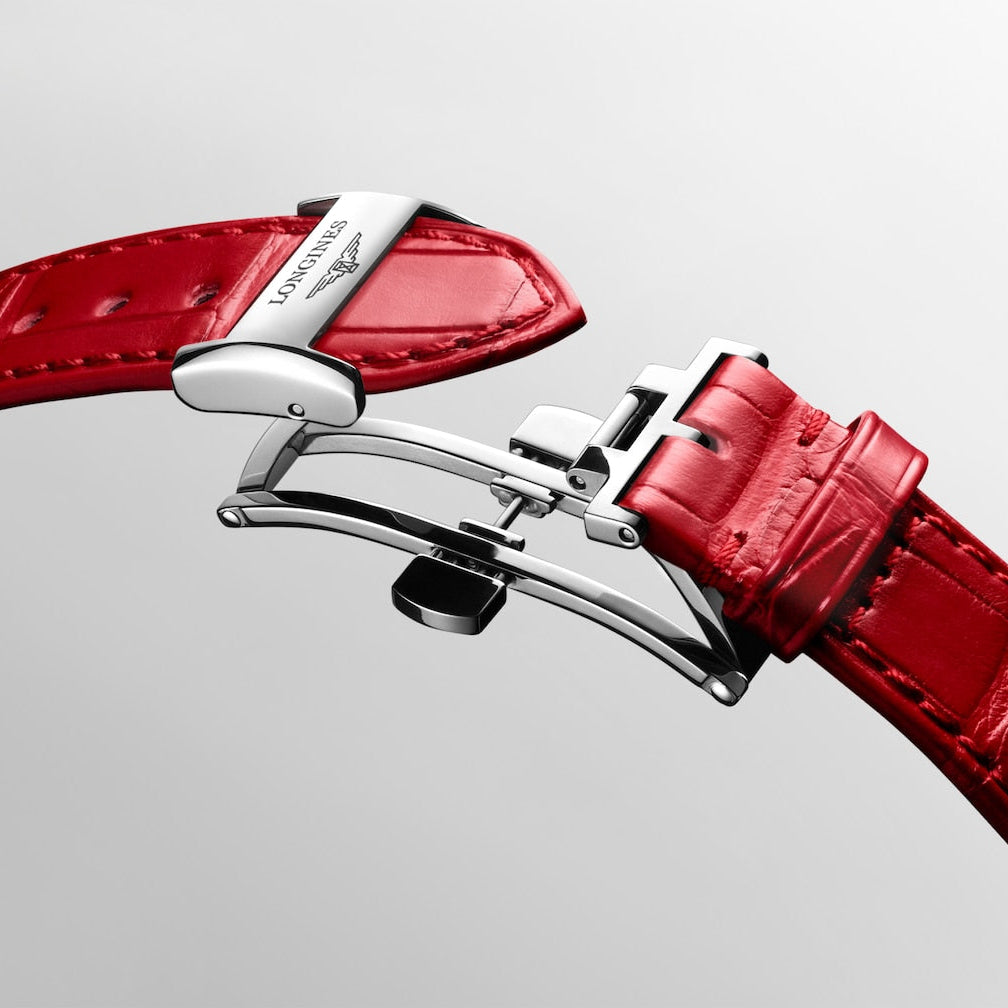 Longines PrimaLuna Moonphase White Mother of Pearl with Diamonds and Red Strap 34mm L81264872 open clasp