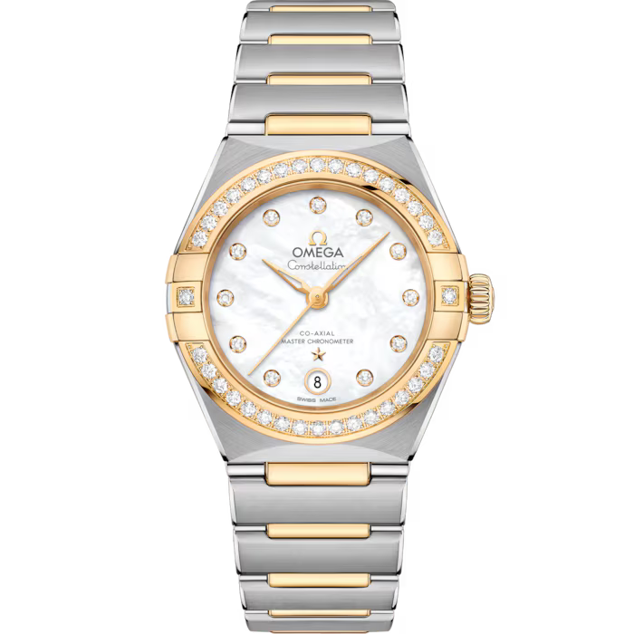 Front view of diamond-bezel Omega Constellation 29mm watch.