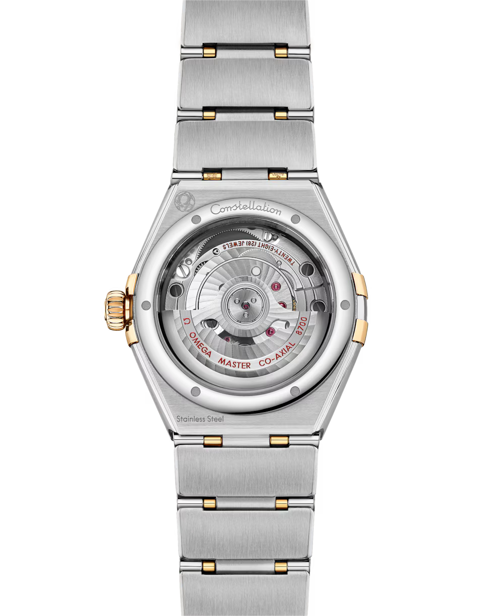 Transparent caseback showing the automatic watch movement.