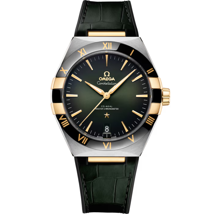 Front view of Omega watch with green dial.