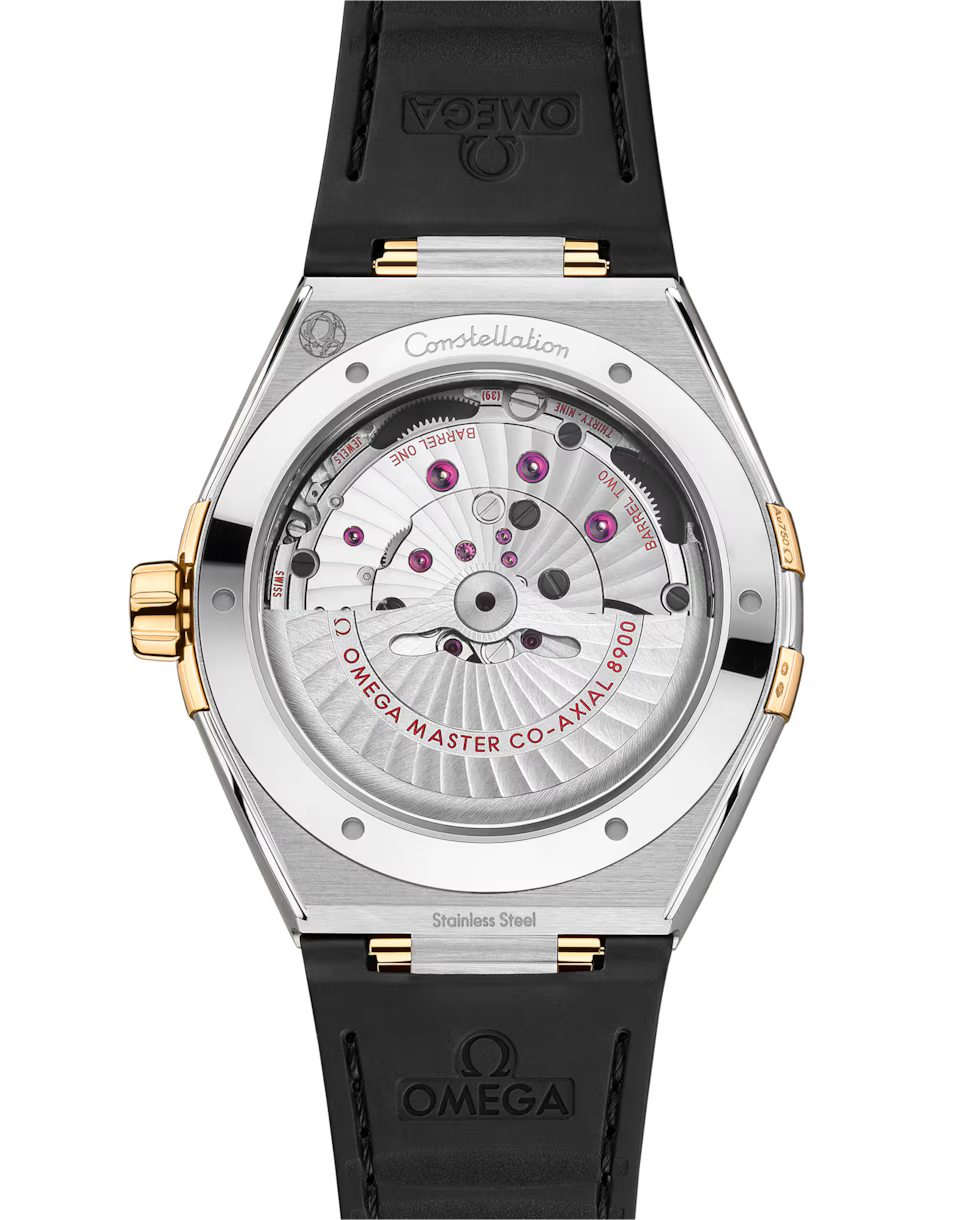 Transparent caseback showing the automatic watch movement.