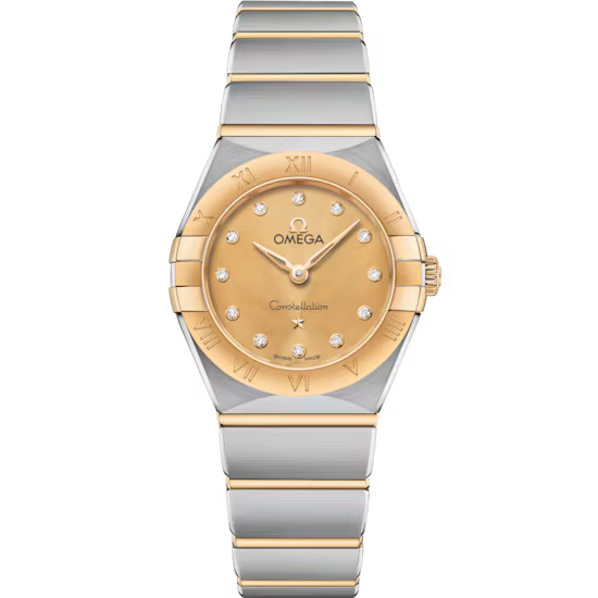 Two-tone luxury watch with gold dial and diamonds.