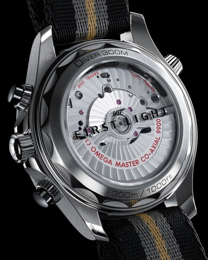 Transparent Caseback view of Omega Seamaster Diver 300M 007 Edition First Light 44mm 21032445101002