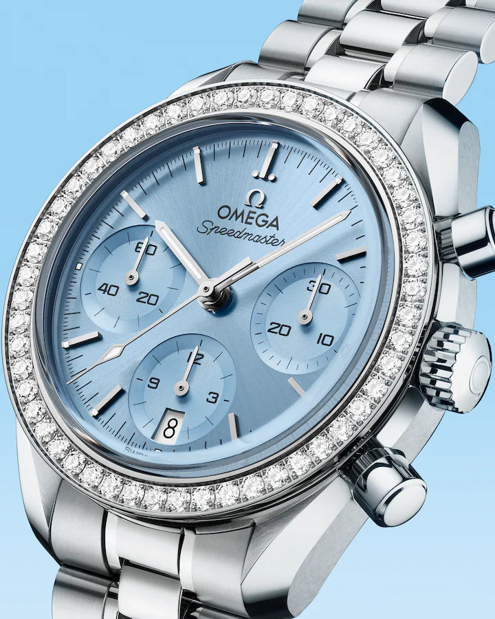 Side view of Omega Speedmaster 38 Co-Axial Chronometer Chronograph 38mm Watch - 324.15.38.50.03.001
