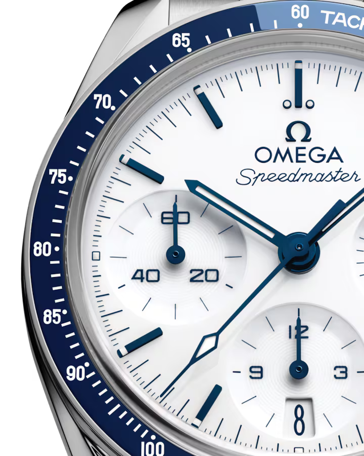Close front view of Omega Speedmaster 38 Co-Axial Chronometer Chronograph 38mm Watch - 324.30.38.50.04.001