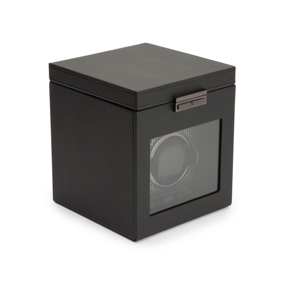 Side View Of Wolf 1834 Axis Single Watch Winder With Storage.