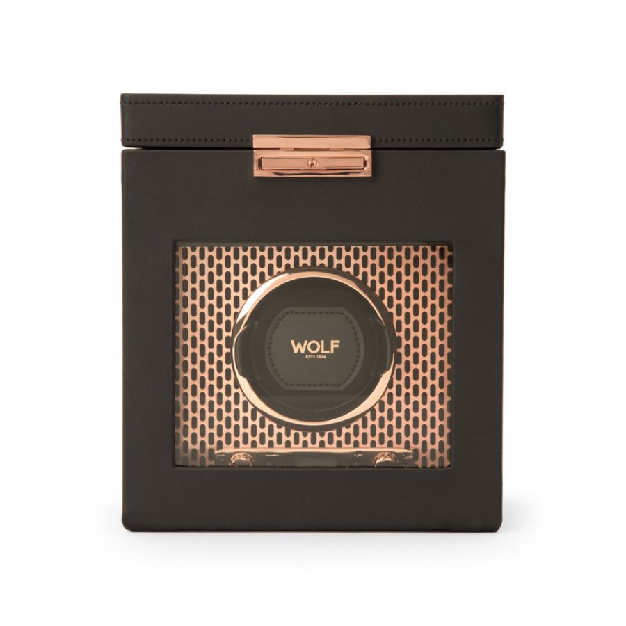 Front View Of Wolf 1834 Axis Single Watch Winder With Storage.