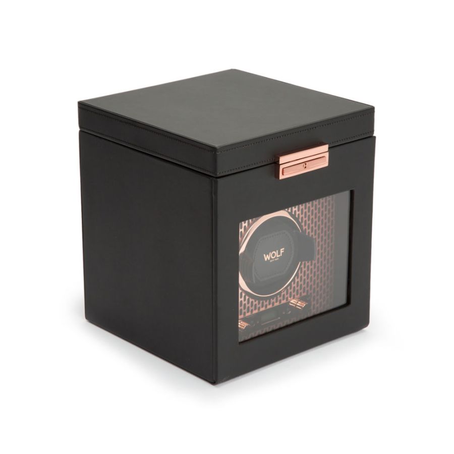 Side View Of Wolf 1834 Axis Single Watch Winder With Storage.