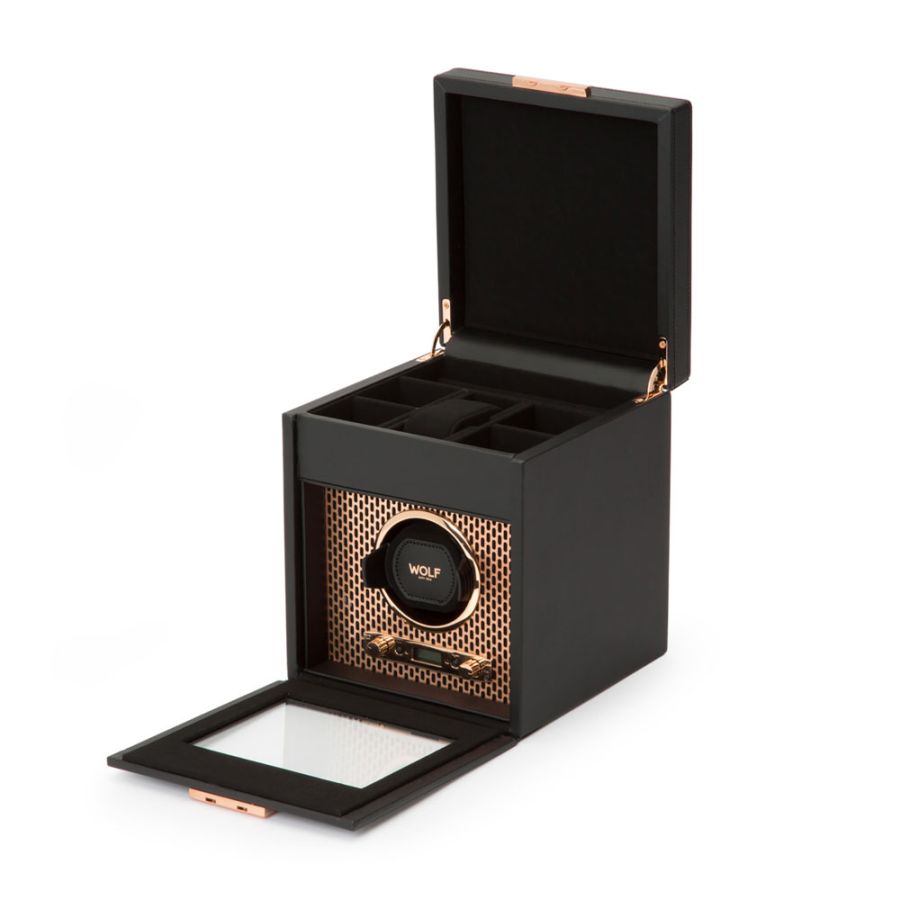 Open View Of Wolf 1834 Axis Single Watch Winder With Storage.