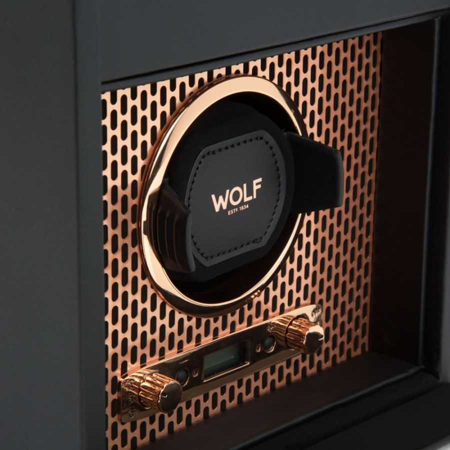 Closeup View Of Wolf 1834 Axis Single Watch Winder With Storage.