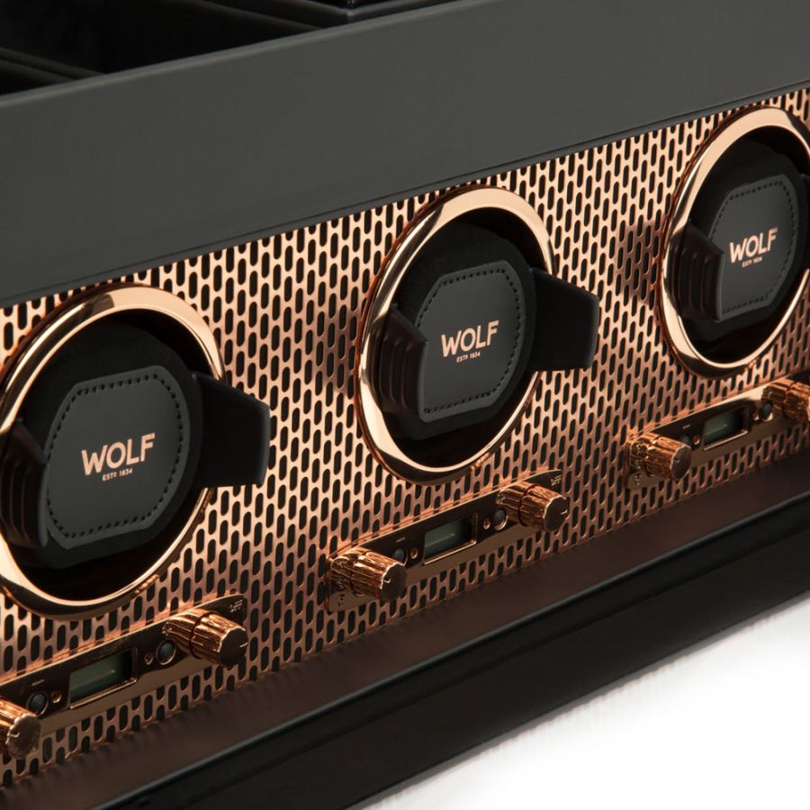 Close up of Wolf 1834 Axis Triple Watch Winder With Storage 469416
