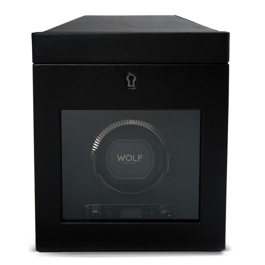 Front View Of Wolf 1834 British Racing Single Watch Winder Black leather.