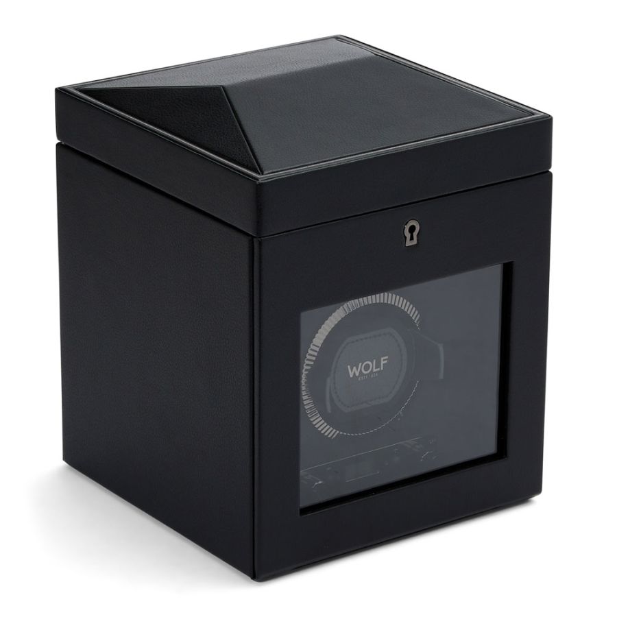 Side View Of Wolf 1834 British Racing Single Watch Winder Black leather.