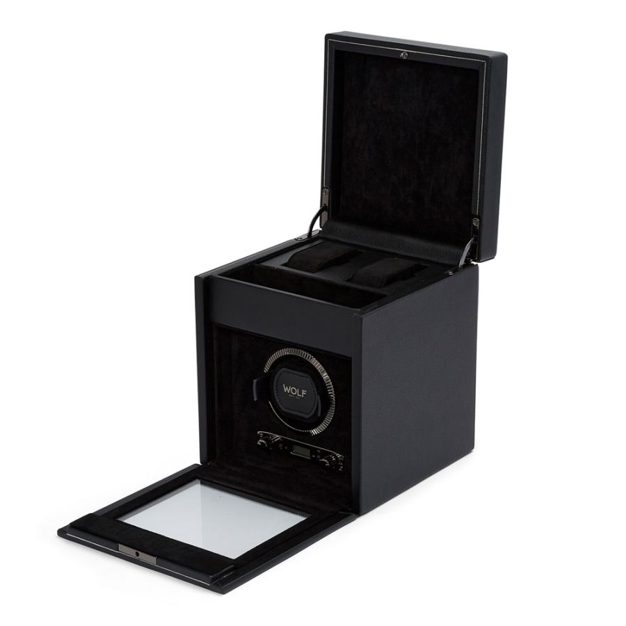 Open View Of Wolf 1834 British Racing Single Watch Winder Black leather.