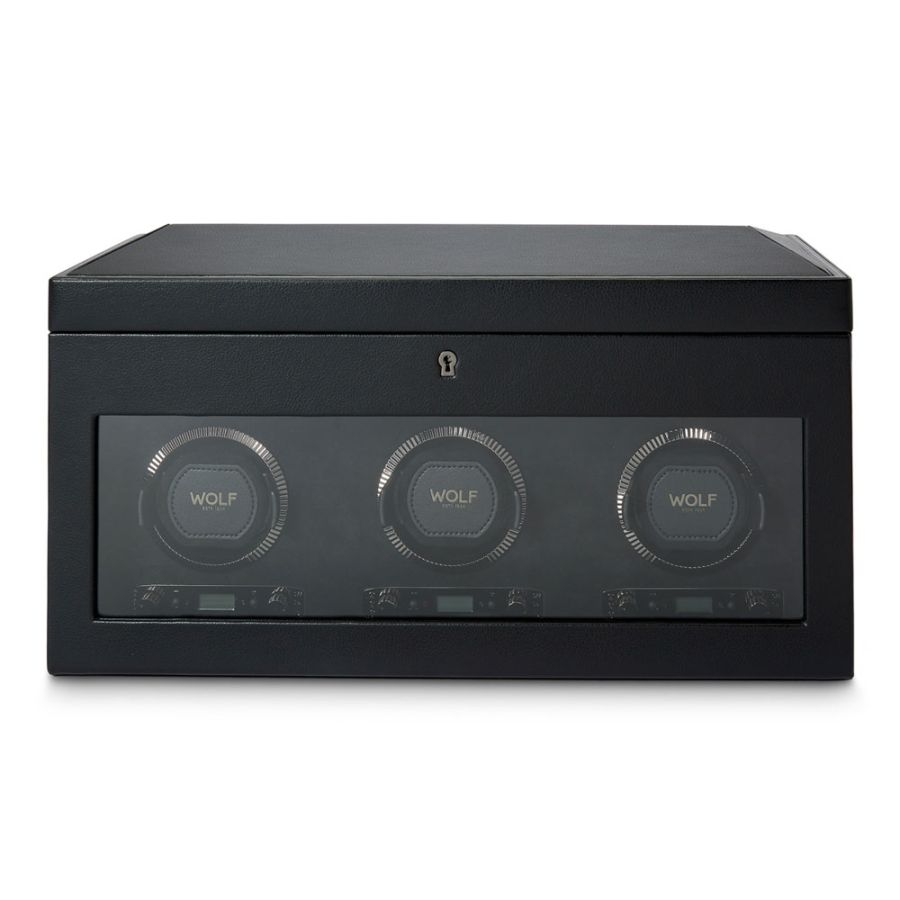 Front view of Wolf 1834 British Racing Triple Watch Winder with Storage 792302