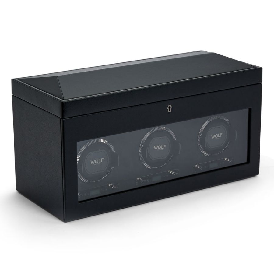 Side view of Wolf 1834 British Racing Triple Watch Winder with Storage 792302