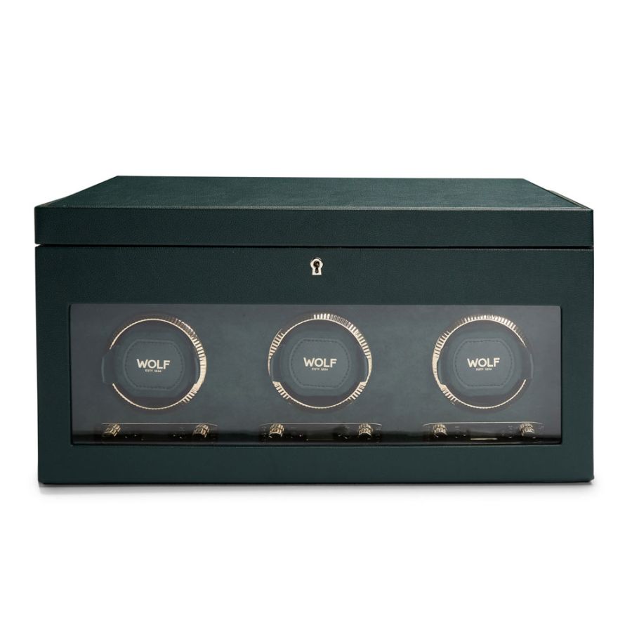 Front view of Wolf 1834 British Racing Triple Watch Winder with Storage 792341