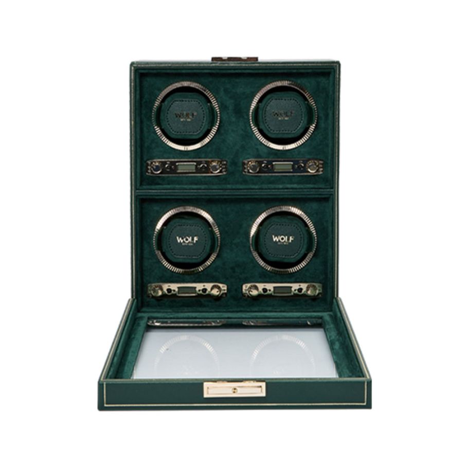 front and open views of Wolf 1834 British Racing 4 Piece Watch Winder 793041