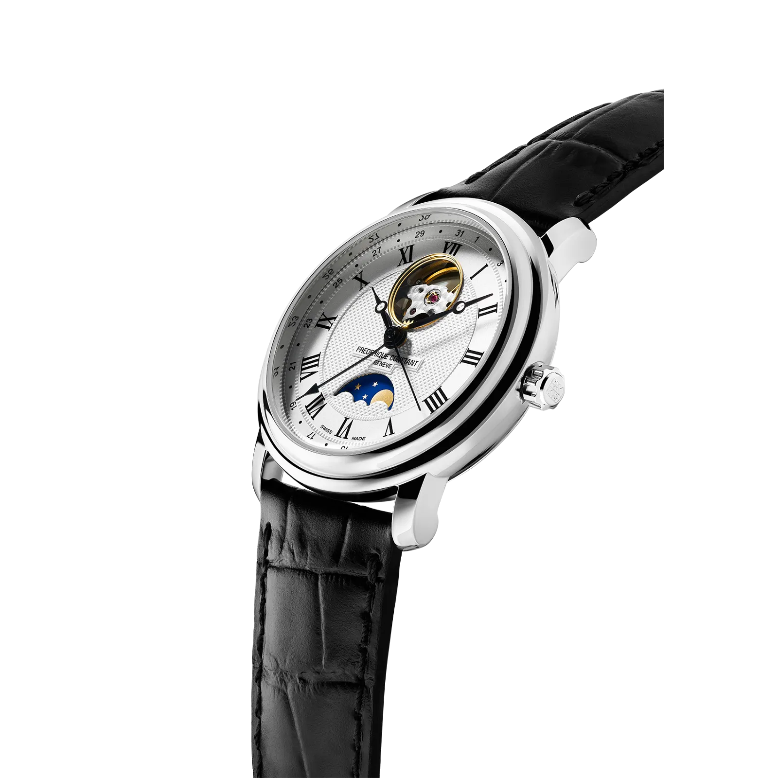 The exhibition case back of the watch, revealing the automatic movement and circular graining details.