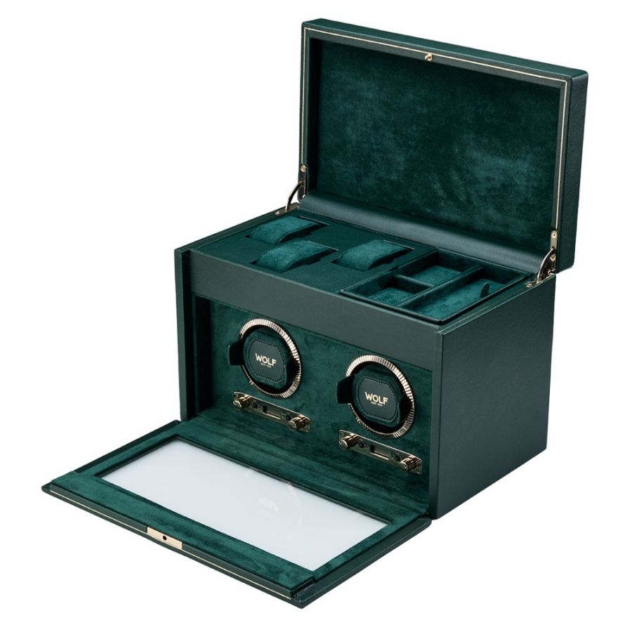Open view of Wolf 1834 British Racing Double Watch Winder with Storage 792241