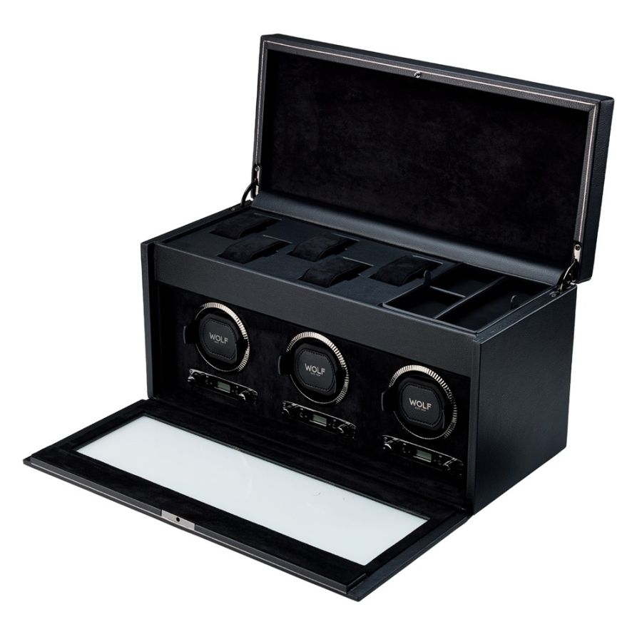Open view of Wolf 1834 British Racing Triple Watch Winder with Storage 792302