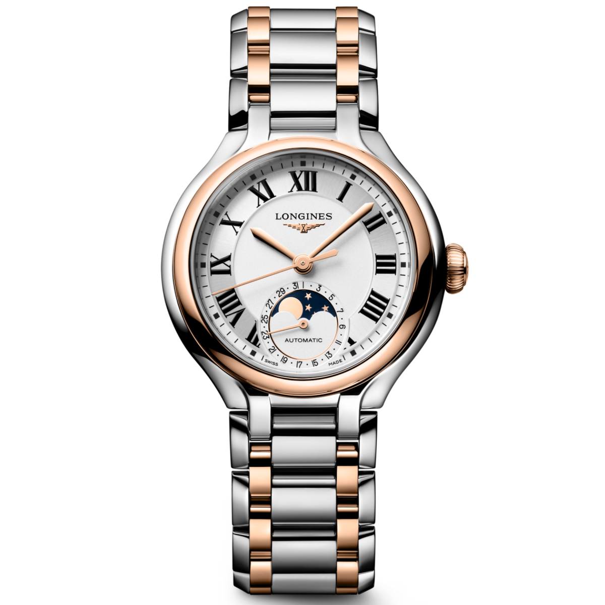 Longines Elegance PrimaLuna Moonphase 18k Rose Gold Cap 200 34mm L81265717 front view