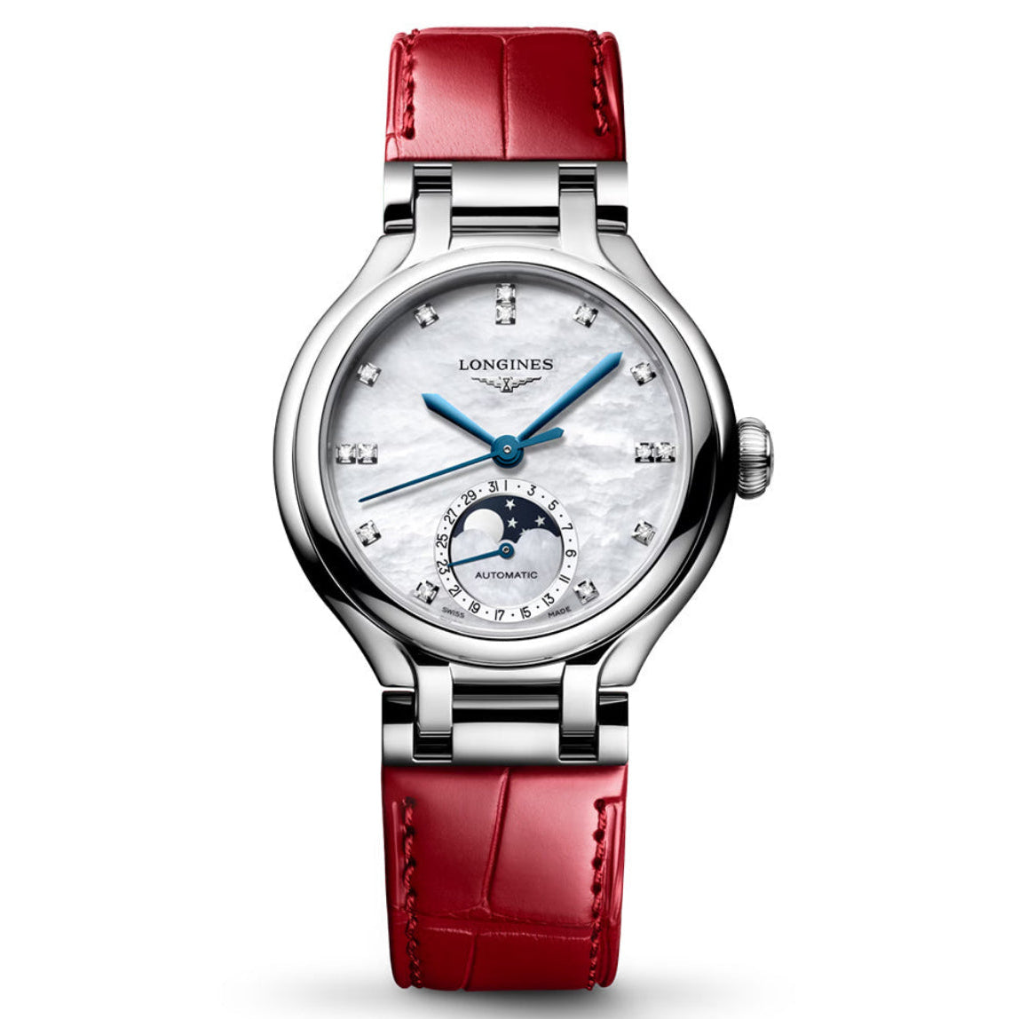 Longines PrimaLuna Moonphase White Mother of Pearl with Diamonds and Red Strap 34mm front view