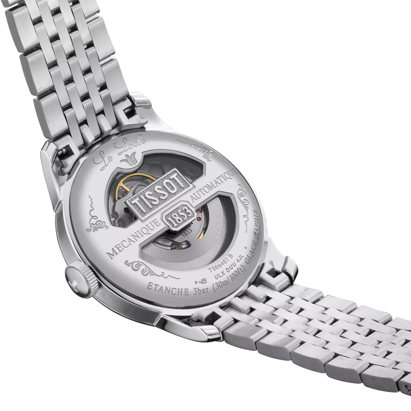 Close up of Tissot LeLocle caseback on steel bracelet