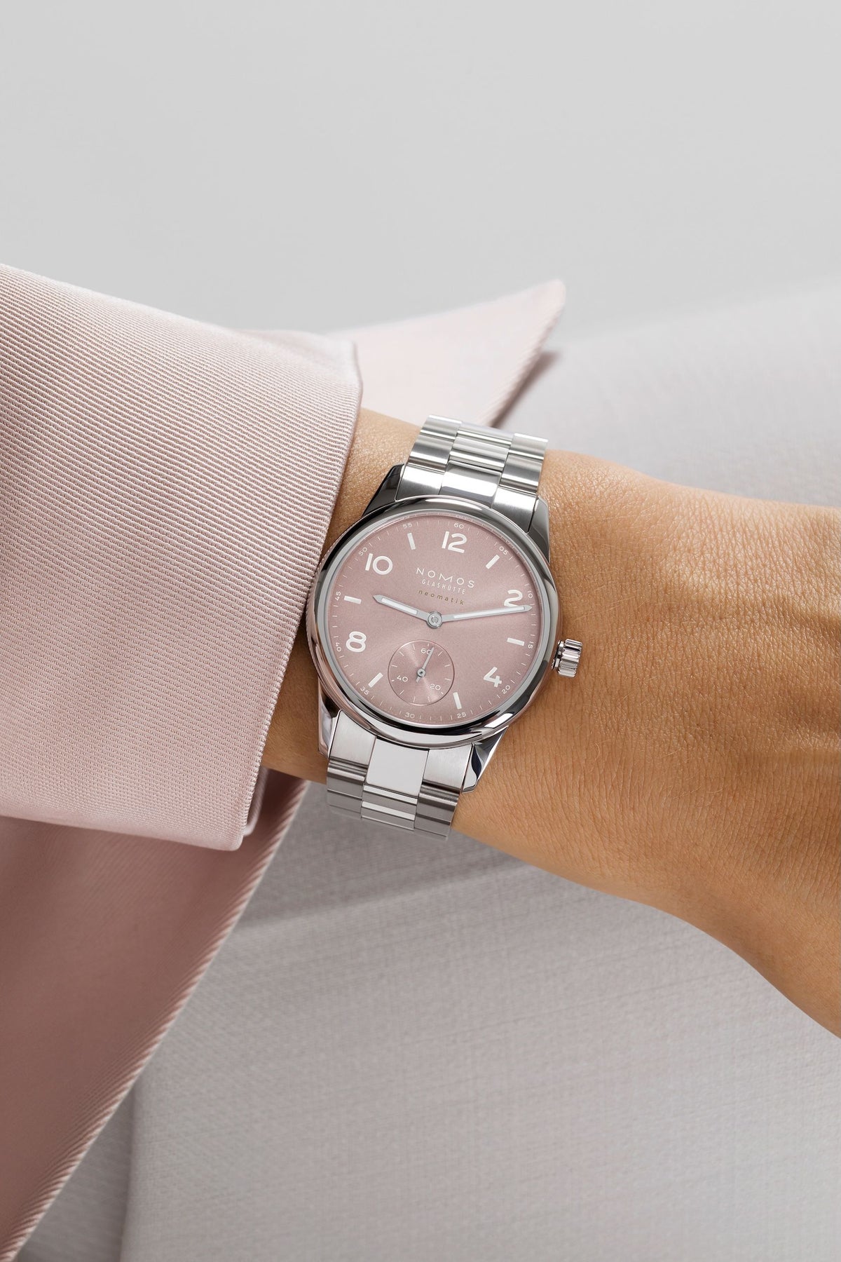NOMOS Glashütte Club Sport Neomatik 34 Automatic Rose Pink 34mm 756 model wrist shot