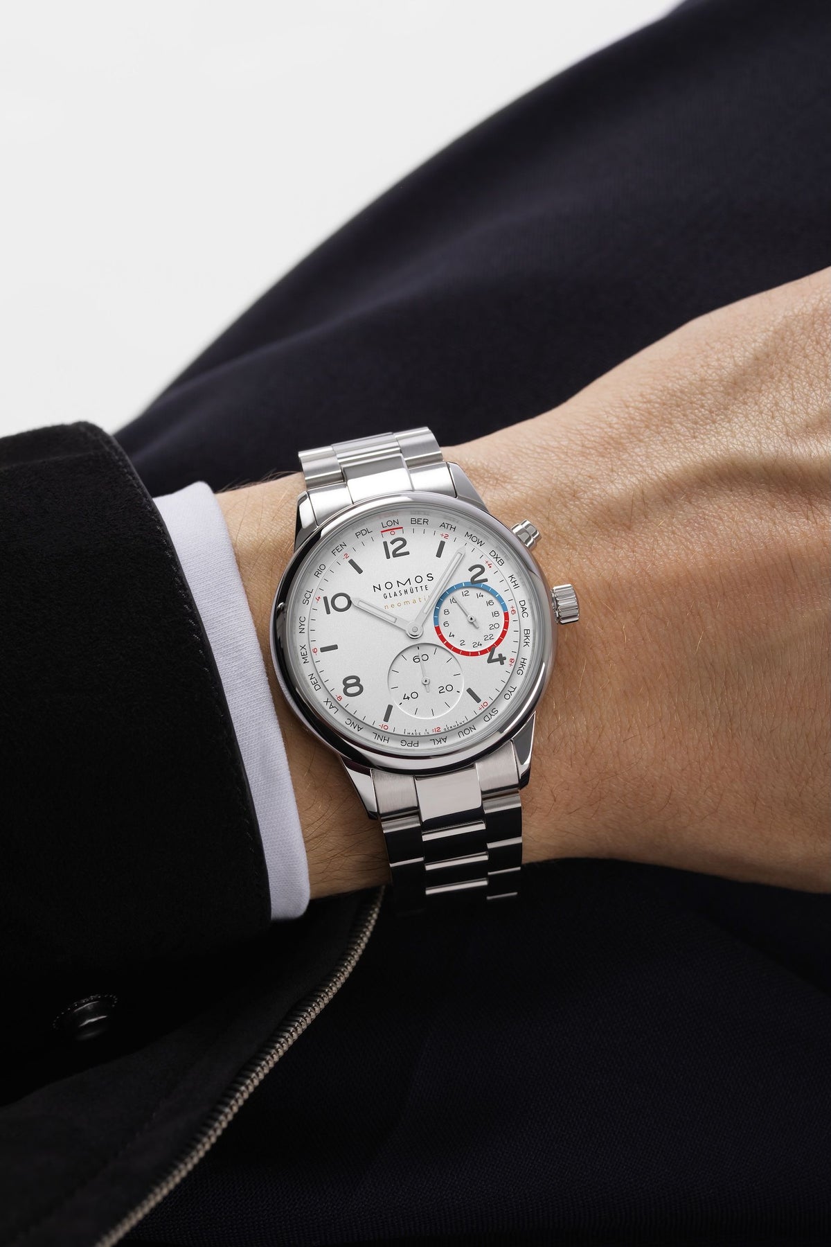 NOMOS Glashütte Club Sport Neomatik Worldtimer White 40mm 792 model wrist shot