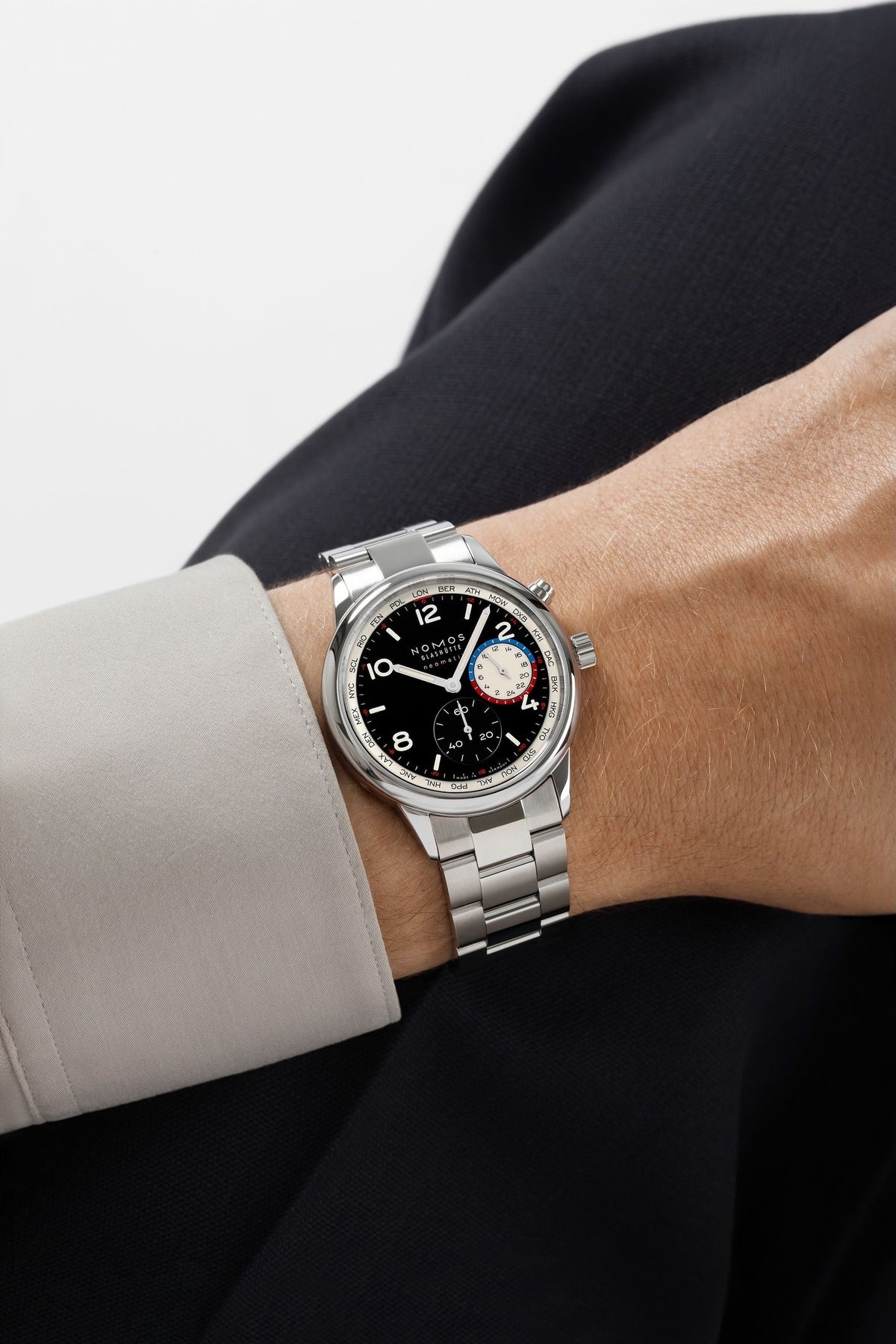 NOMOS Glashütte Club Sport Neomatik Worldtimer Dark 40mm 793 model wrist shot