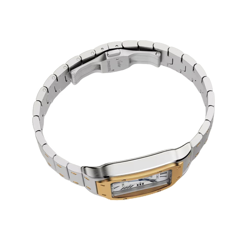 Angled view of a silver and gold watch.