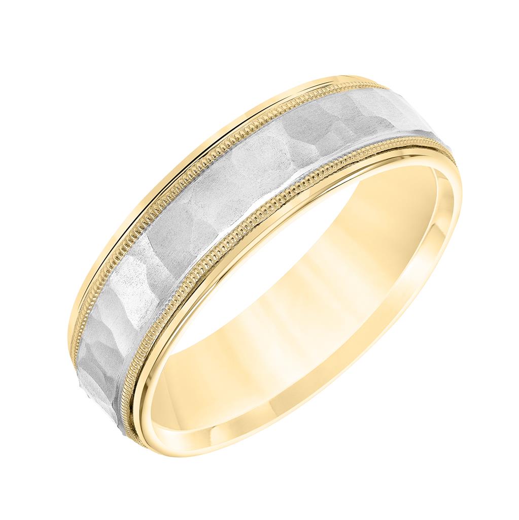 Angle view of two tone Comfort Fit Wedding Band with hammer finish and milgrain detail