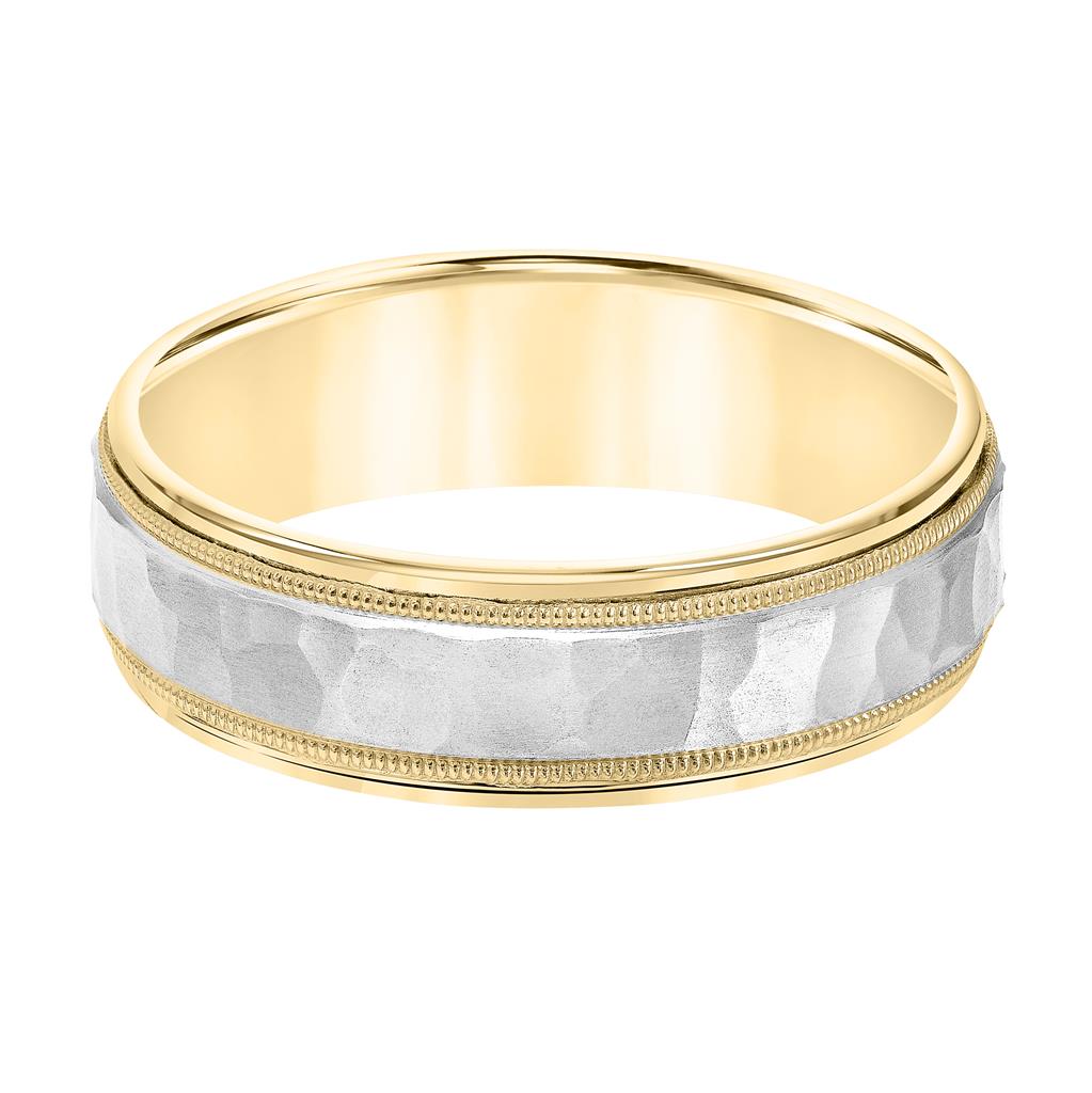 Two Tone Comfort Fit Wedding Band with hammer finish and milgrain detail