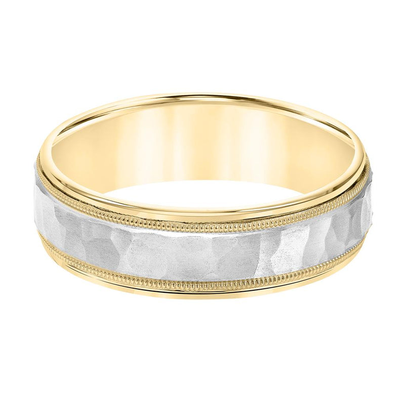 Two Tone Comfort Fit Wedding Band with hammer finish and milgrain detail