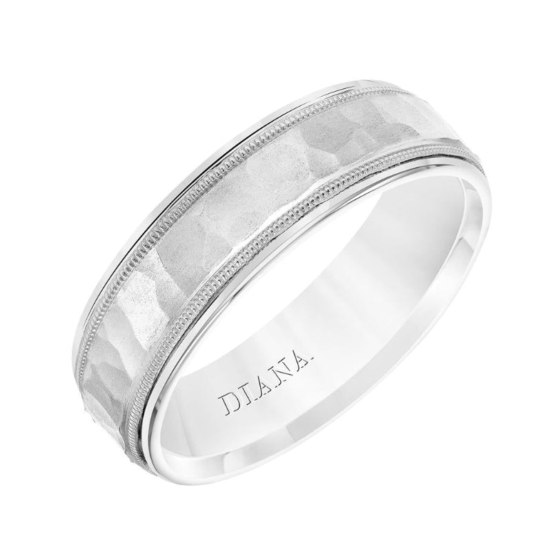 Tilted View Of Low Dome Round Edge Carved Wedding Band.