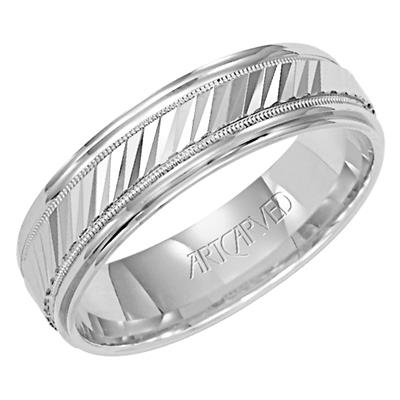 Flat Round Edge Carved Wedding Band Angle