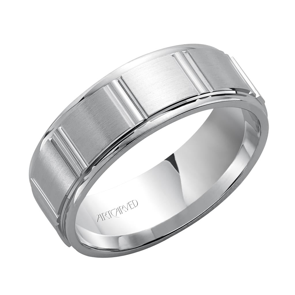 Tilted View Pf Flat Round Edge Carved Wedding Band.
