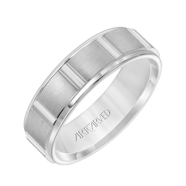 Side view Comfort Fit wedding band with geometric design, brushed finish and rolled edges. 