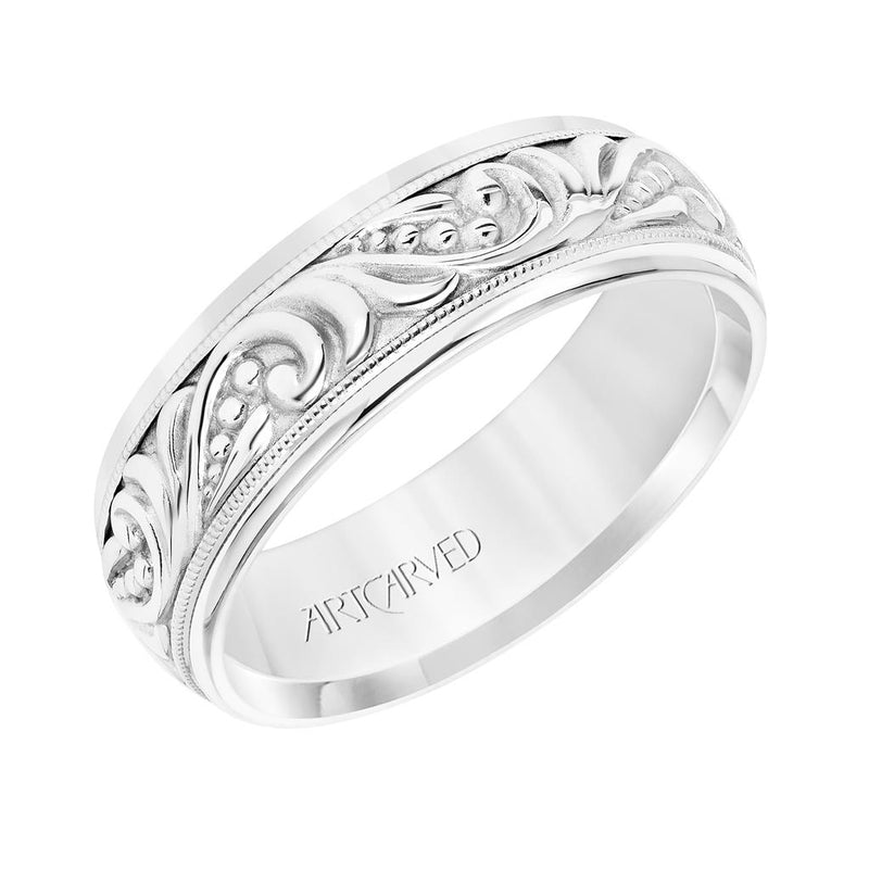 Angle View of Low Dome Round Edge Carved 7MM Wedding Band