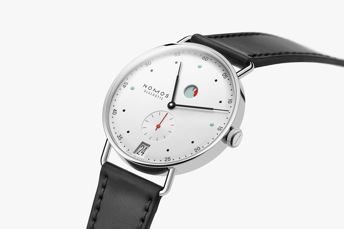 NOMOS Glashütte Metro Date Power Reserve White 37mm 1101 dial closeup angle shot