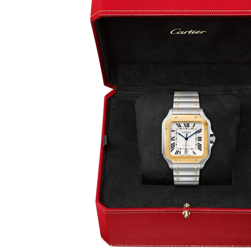 Cartier watch inside its signature red luxury box.