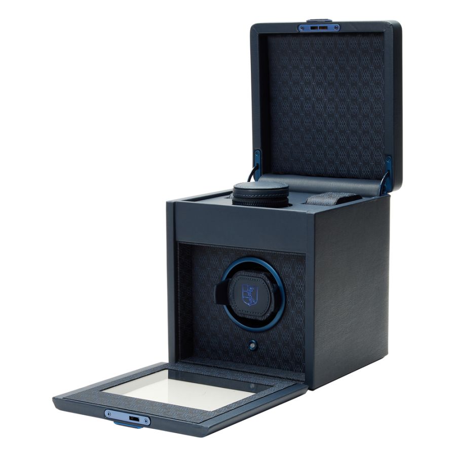 Open View Of Wolf Earth Single Watch Winder Blue Leather.